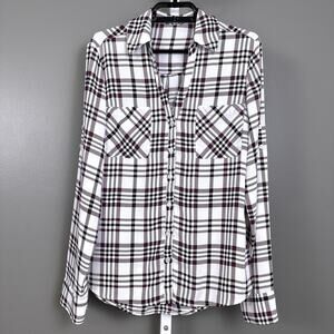 Express The Portofino Shirt Small Plaid White Burgundy Black Button Down Blouse